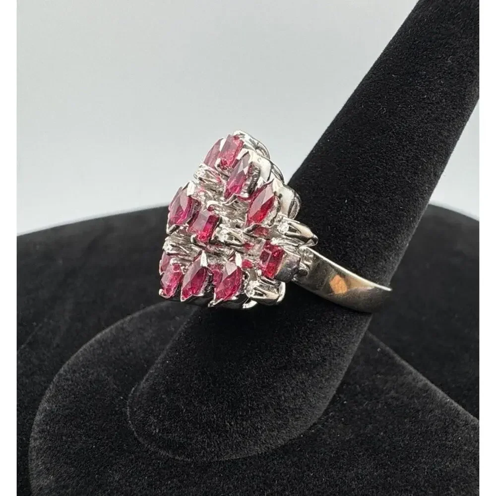 Vintage 18K White Gold Ruby Diamond Old Hollywood Dome Cluster Cocktail Ring 8.7